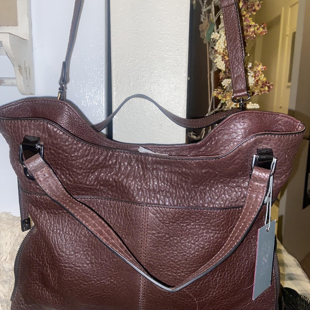 Vince Camuto Burgundy Pebbled Leather Tote